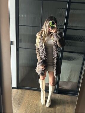 Brown Natural Sheepskin Shearling Coat with Plush Trim